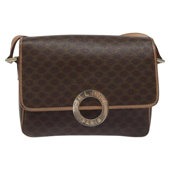 CELINE Macadam Canvas Circle Shoulder Bag Pvc Leather Brown Gold - Picture 2 of 12